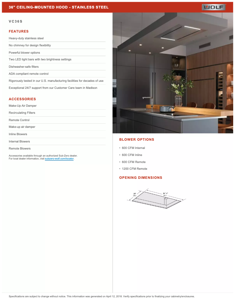 Page 1 de la notice Fiche technique Wolf VC36S