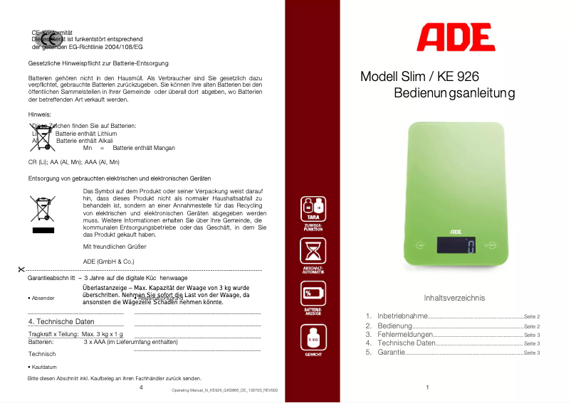 Page 1 de la notice Manuel utilisateur ADE Slim KE 926