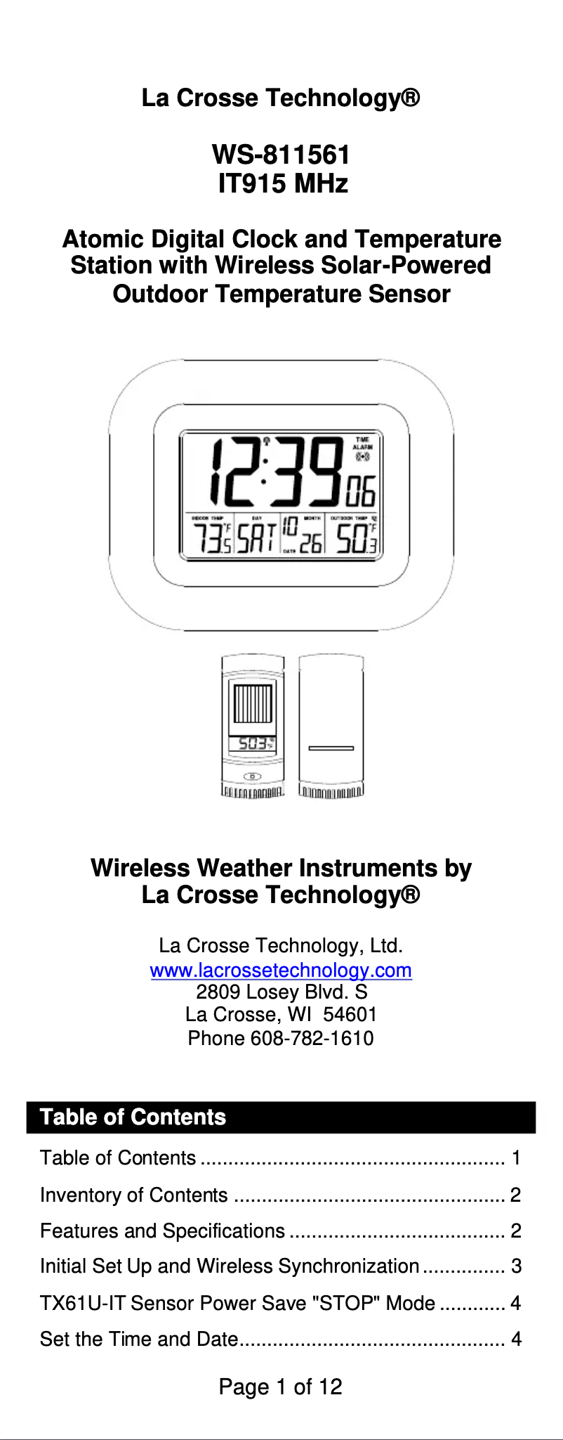 Page n°1 - Manuel utilisateur La Crosse Technology WS-811561-W