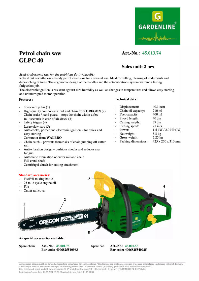 Page 1 of the manual Technical Sheet Gardenline GLPC 40