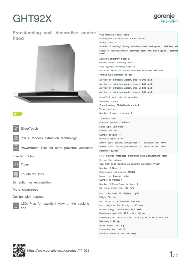 Page n°1 - Fiche technique Gorenje GHT92X