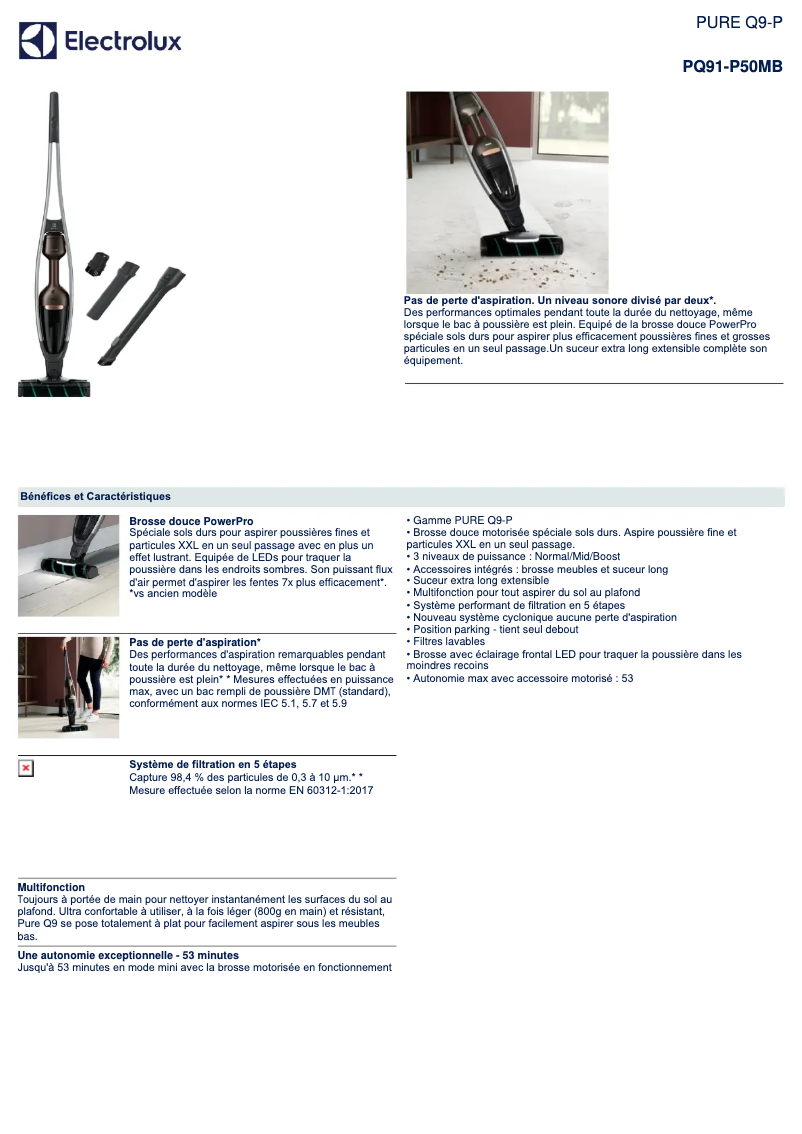 Page 1 de la notice Fiche technique Electrolux Pure Q9 PQ91-P50MB