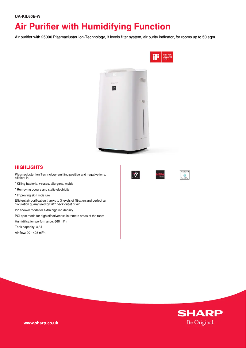 Page 1 de la notice Fiche technique Sharp UA-KIL60E