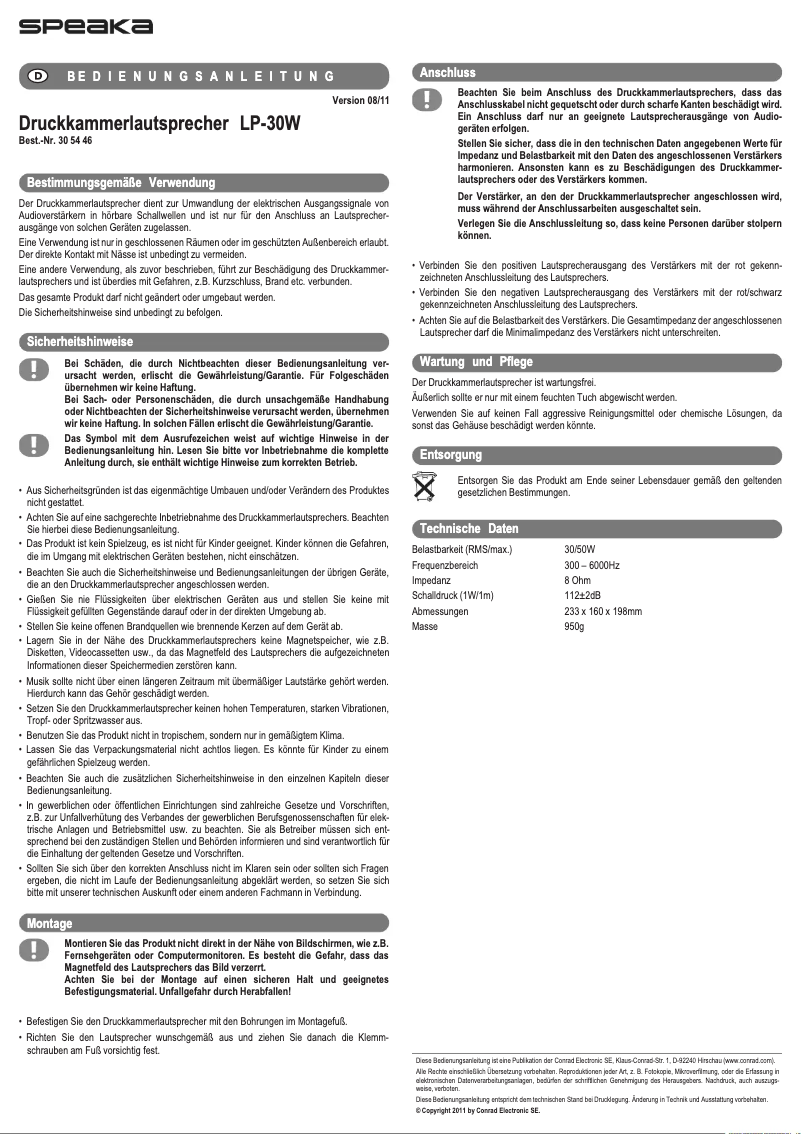 Page 1 de la notice Manuel utilisateur Speaka LP-30W