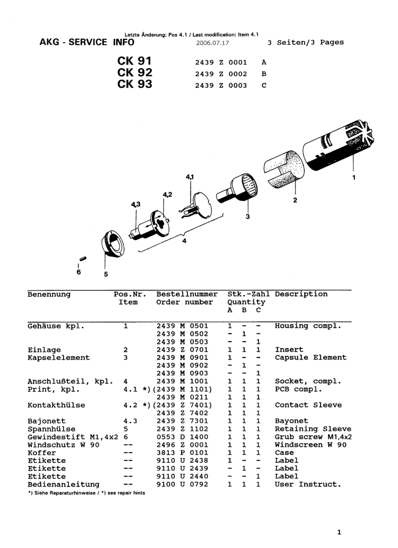 Page n°1 - Manuel utilisateur AKG CK93