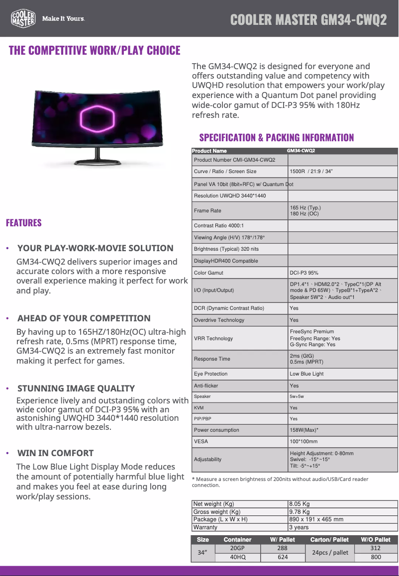 Page 1 de la notice Fiche technique Cooler Master GM34-CWQ2