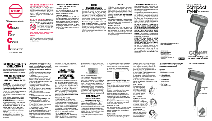 Page 1 de la notice Manuel utilisateur Conair 124N