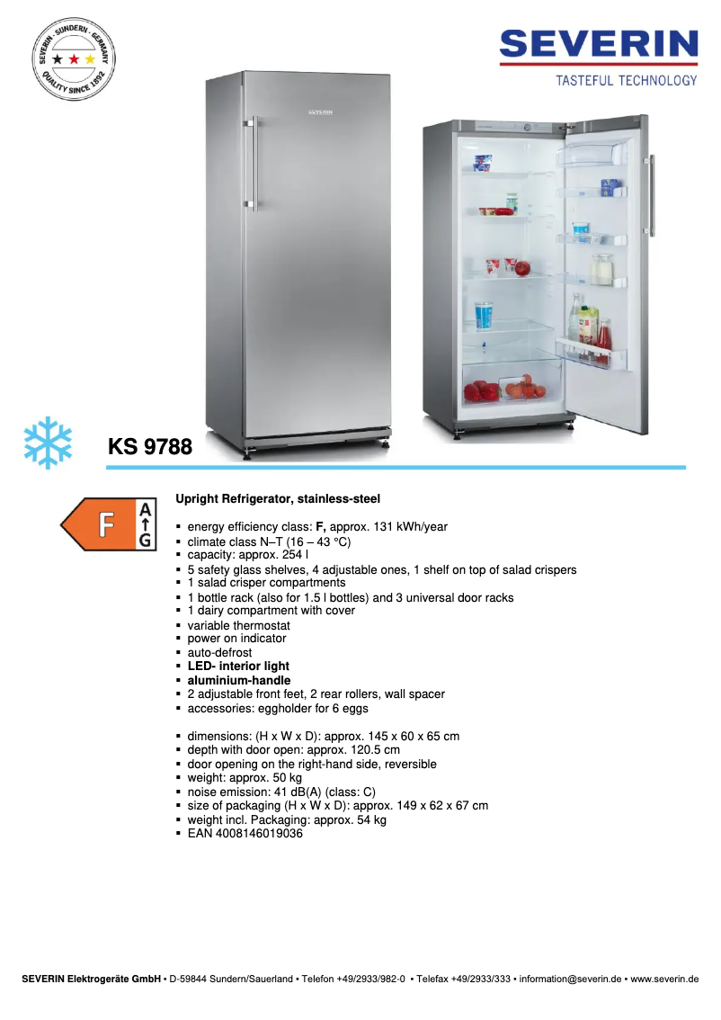 Page 1 de la notice Fiche technique Severin KS 9788