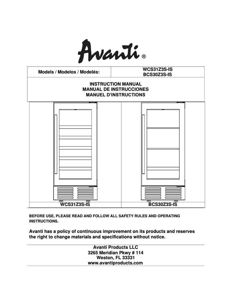 Page 1 de la notice Manuel utilisateur Avanti BCS30Z3S-IS