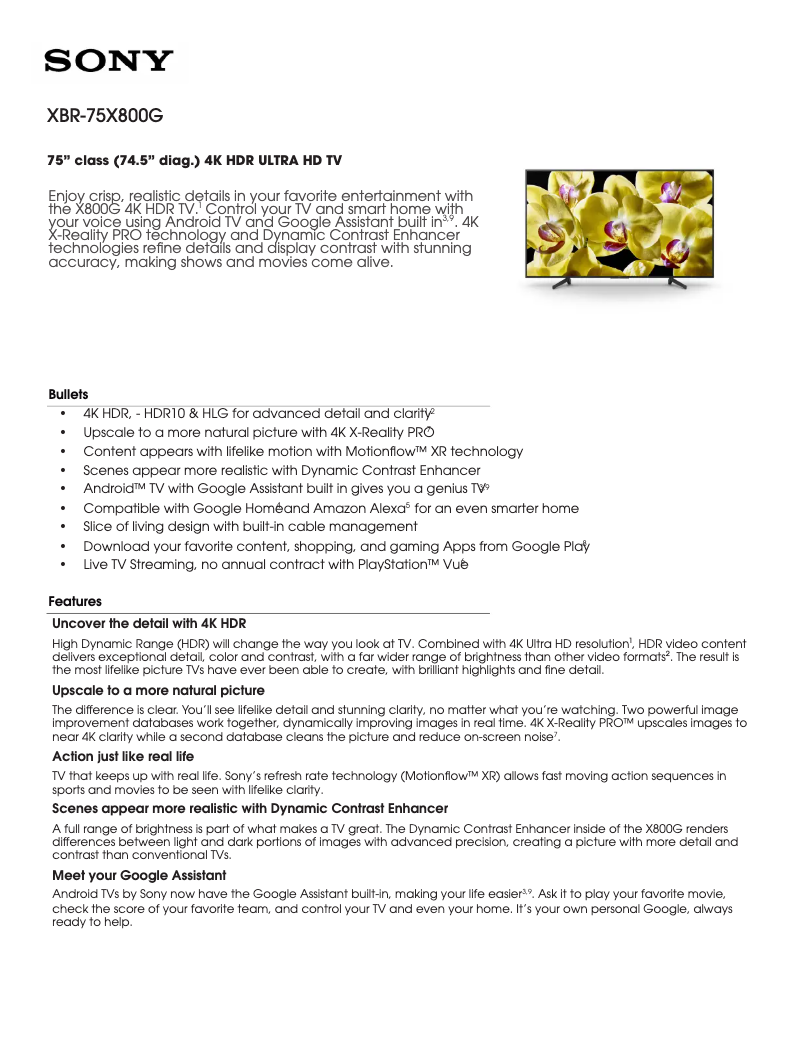 Page 1 de la notice Manuel utilisateur Sony XBR-75X800G