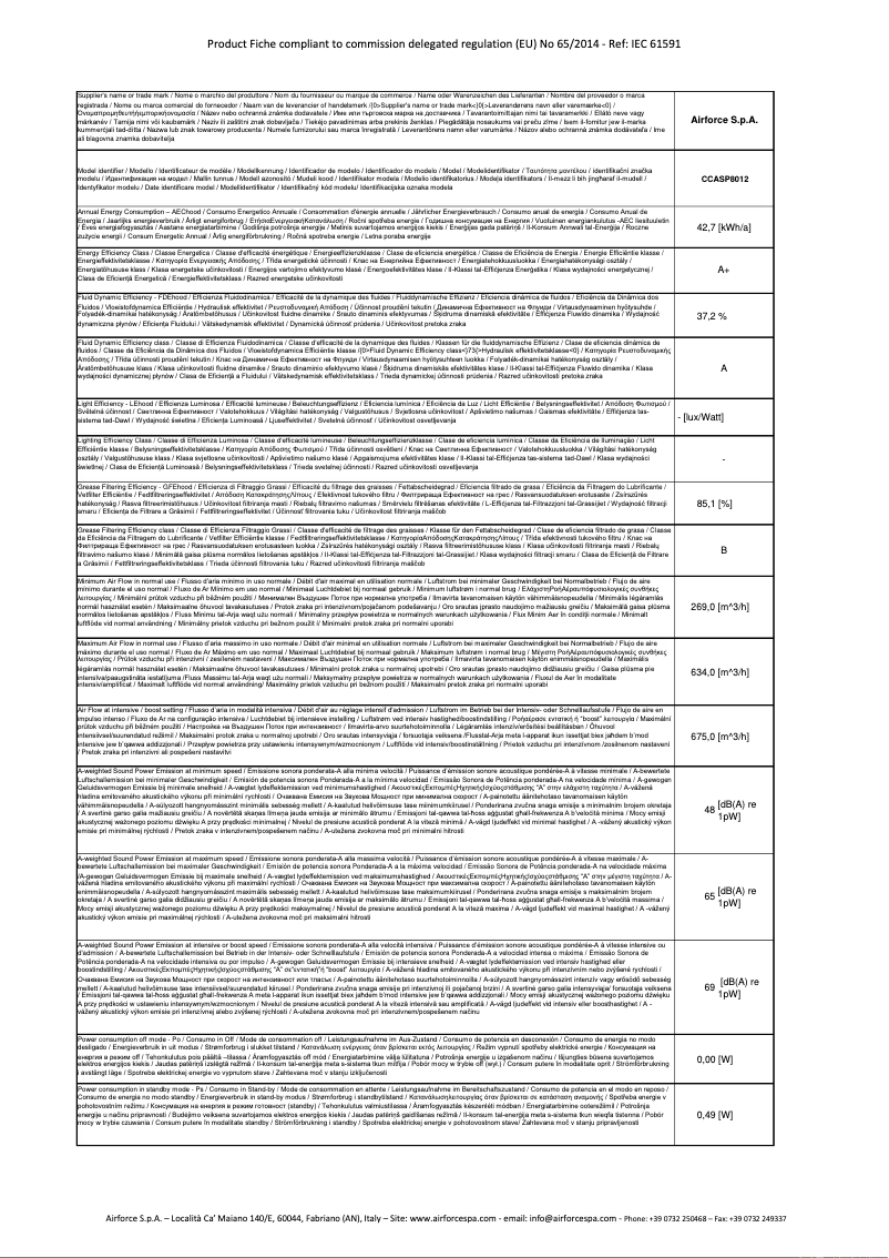 Page 1 de la notice Fiche technique Airforce Centrale Easy 80
