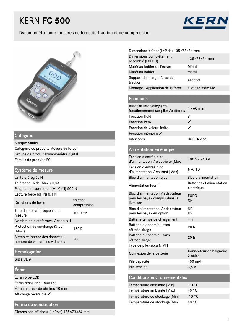 Page 1 de la notice Fiche technique Kern FC 500