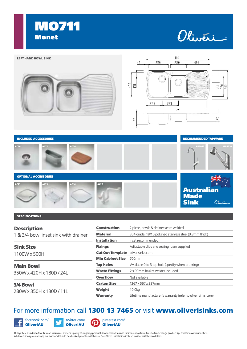 Page 1 de la notice Fiche technique Oliveri MO7113TH