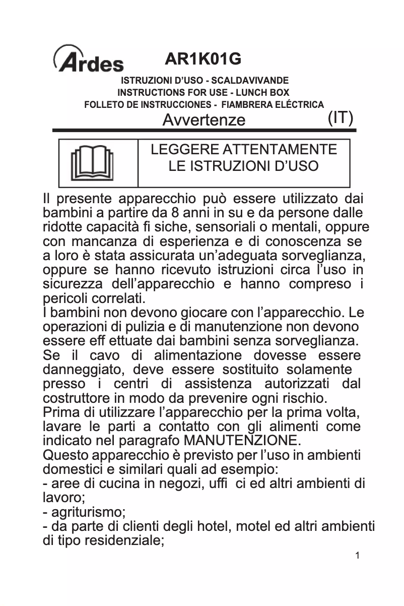 Page 1 de la notice Manuel utilisateur Ardes AR1K01G