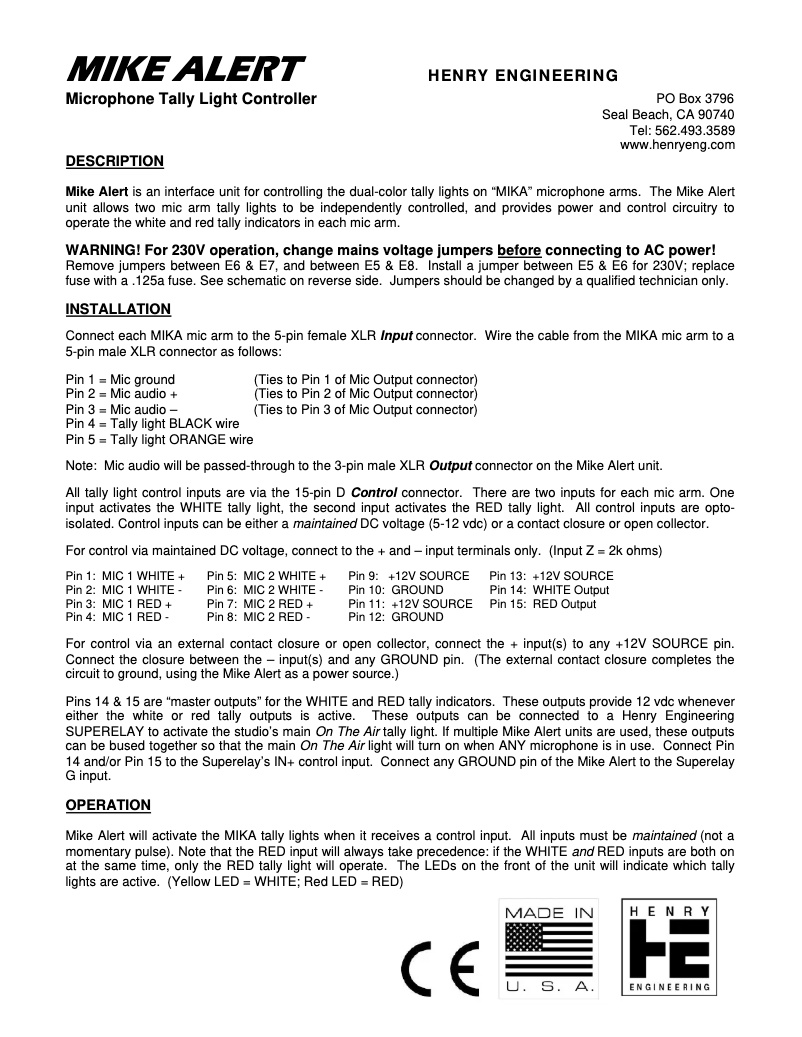 Page n°1 - Manuel utilisateur Henry Engineering Mike Alert