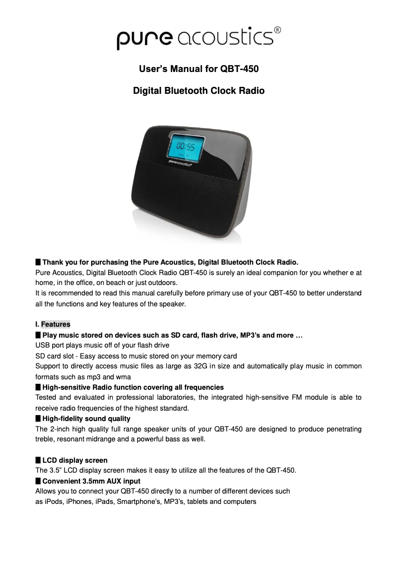Page n°1 - Manuel utilisateur Pure Acoustics QBT 450