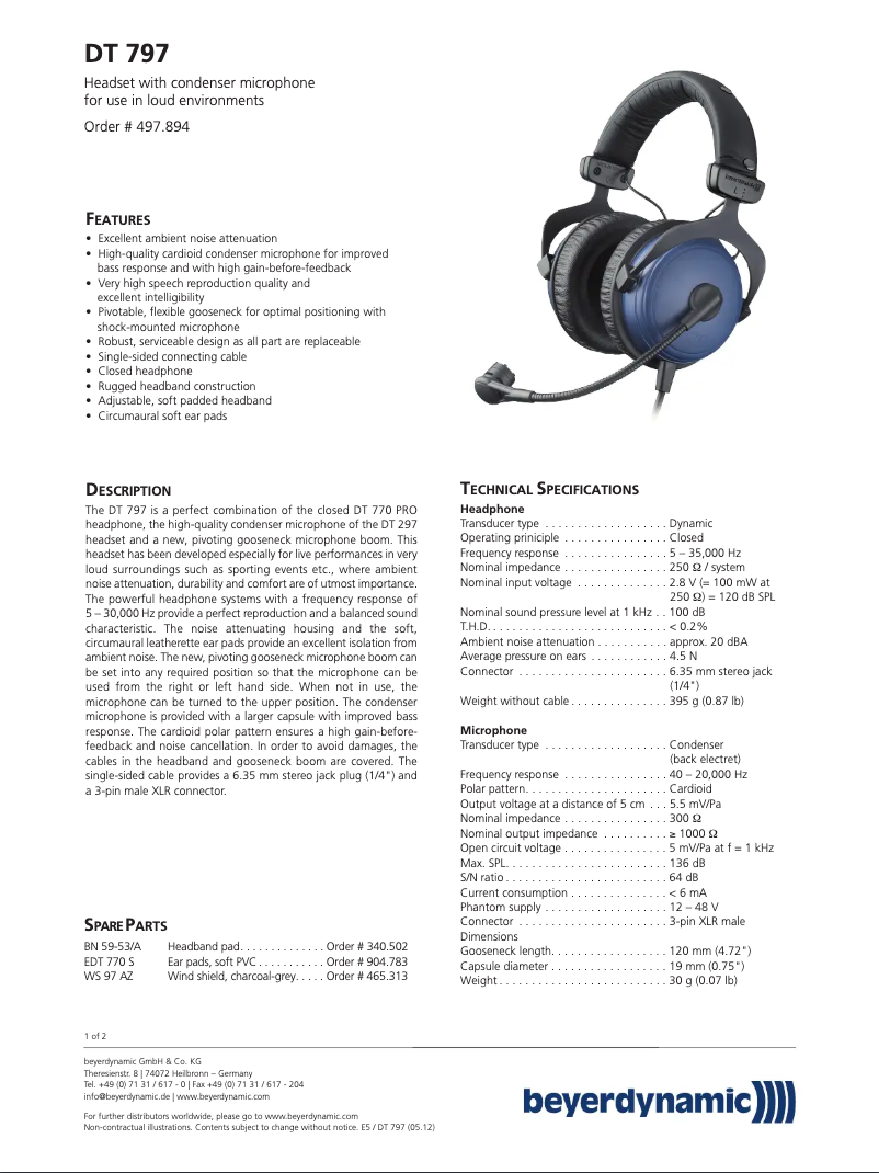 Page 1 de la notice Fiche technique Beyerdynamic DT 797 PV