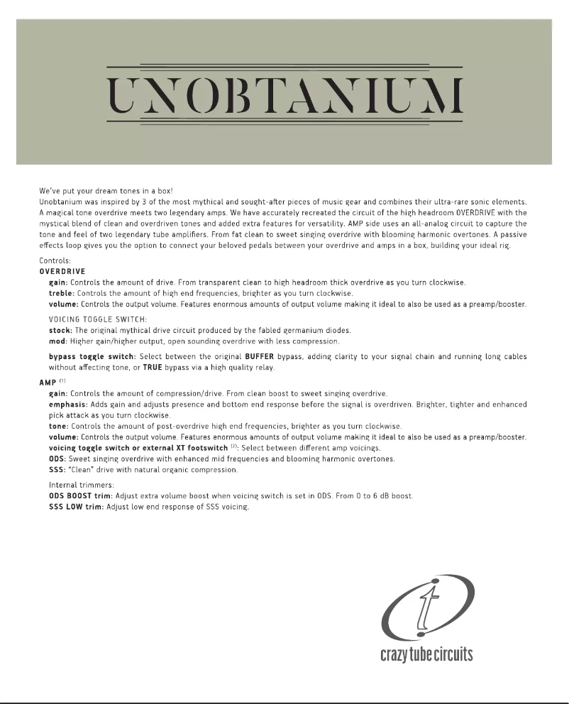 Page n°1 - Manuel utilisateur Crazy Tube Circuits Unobtanium