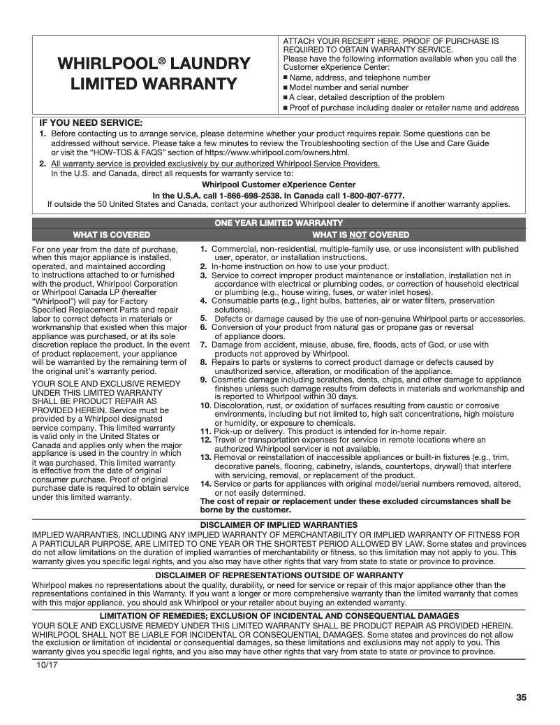 Page 1 de la notice Informations de garantie Whirlpool WFW8620HW