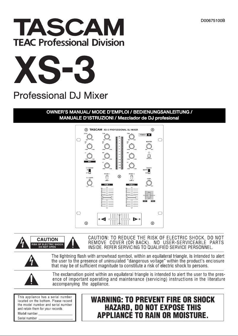 Page 1 of the manual User Manual Tascam XS-3