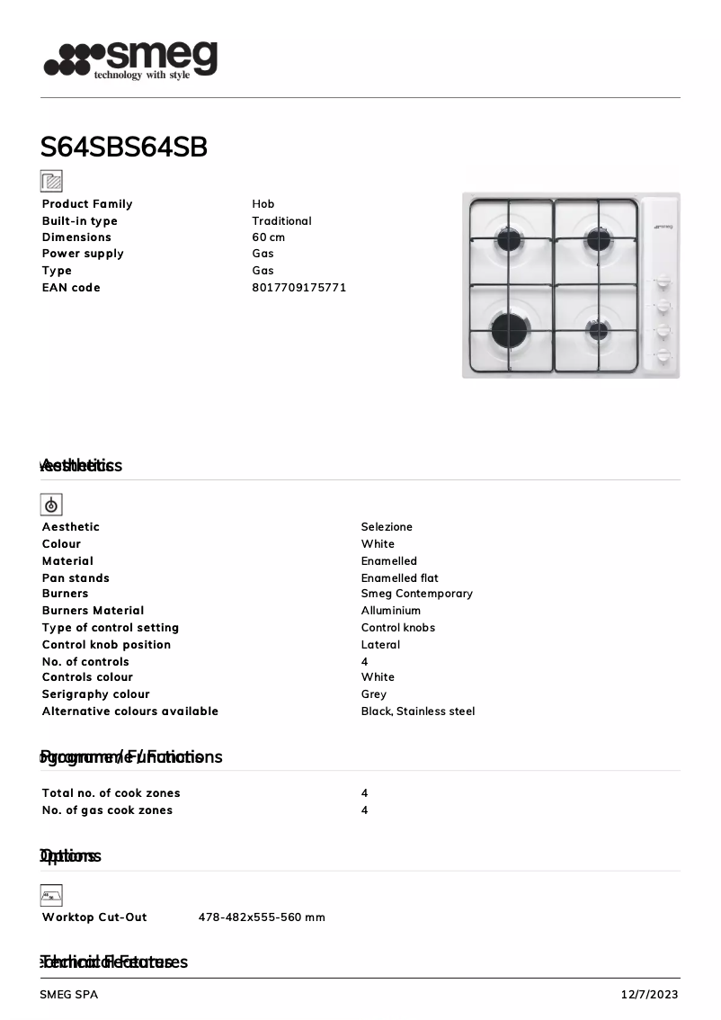 Page 1 de la notice Fiche technique Smeg S64SB