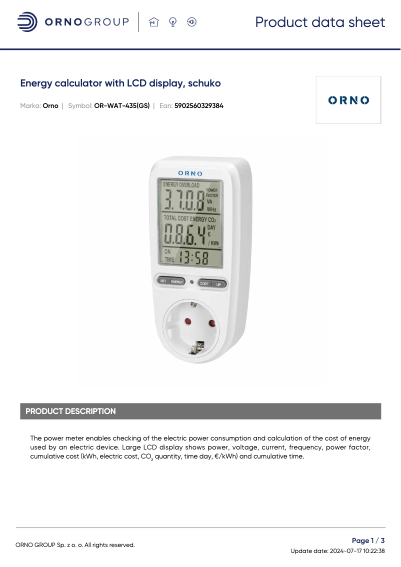 Page 1 de la notice Fiche technique ORNO OR-WAT-435(GS)
