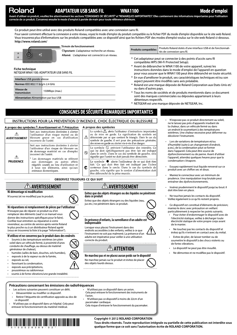 Page 1 de la notice Manuel utilisateur Roland WNA1100