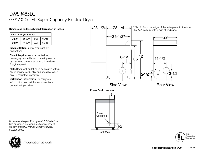 Page n°1 - Fiche technique GE DWSR483EGWW