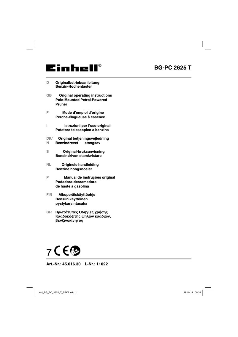 Page n°1 - Manuel utilisateur Einhell BG-PC 2625 T