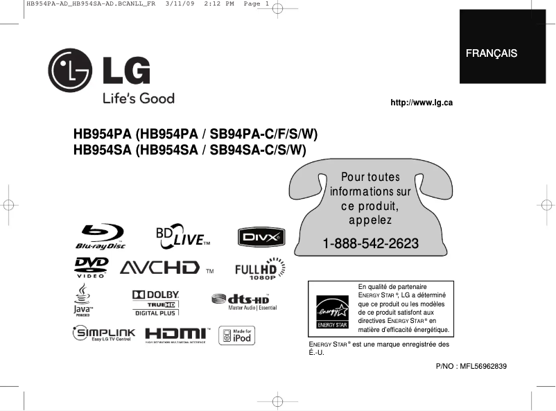 Page n°1 - Manuel utilisateur LG HB954PA