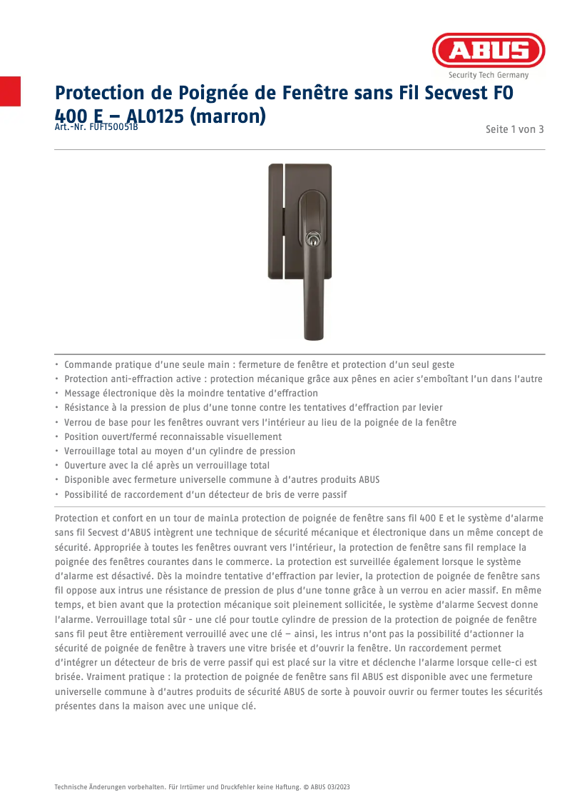 Page n°1 - Fiche technique Abus FUFT50051B