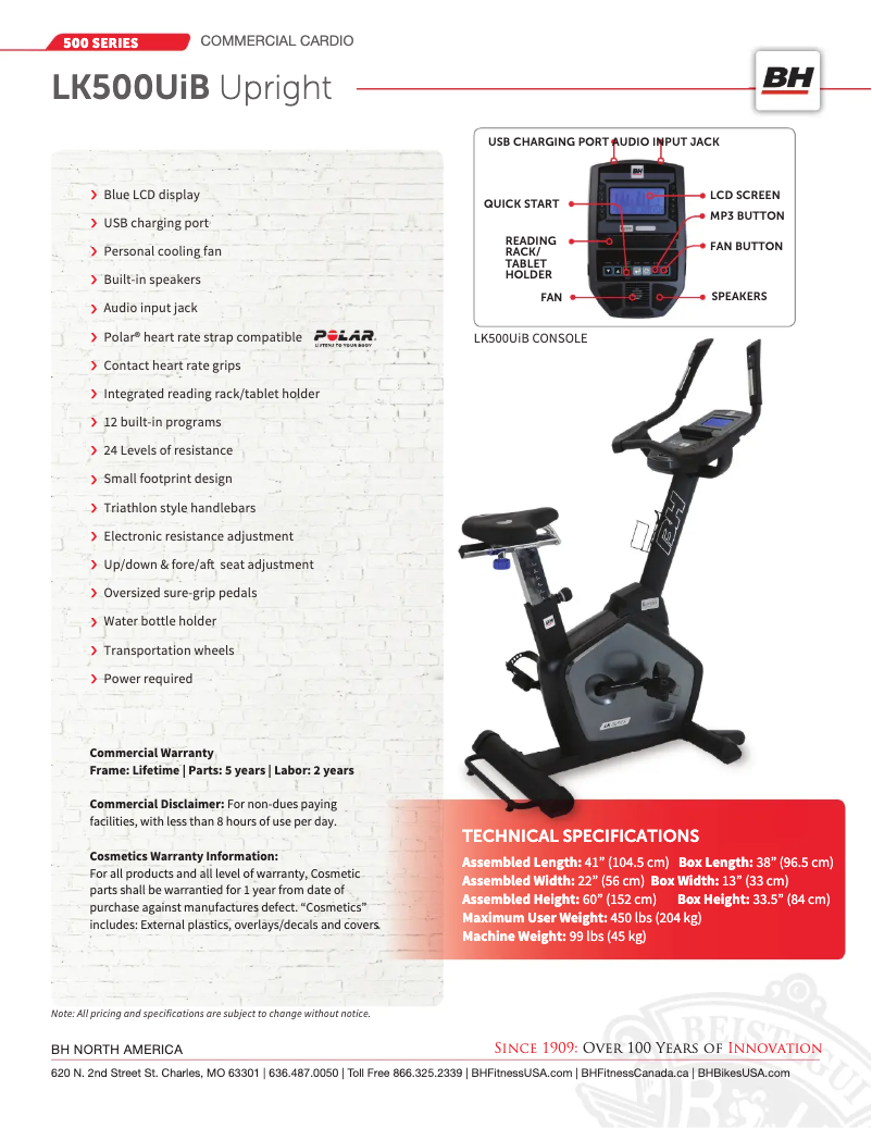 Page 1 de la notice Fiche technique BH Fitness LK500UiB