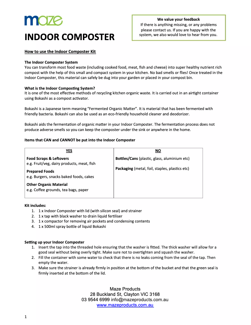 Image de la première page du manuel de l'appareil Bokashi Indoor Composter