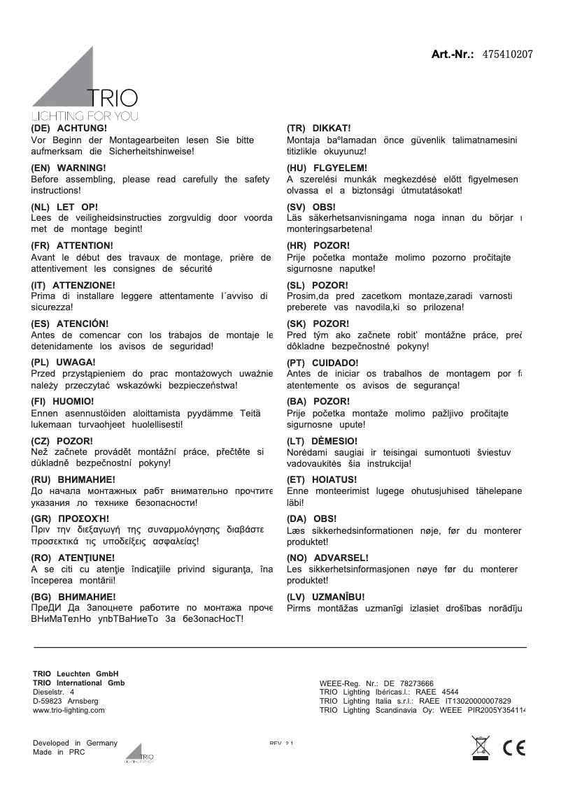 Page 1 de la notice Manuel utilisateur Trio Lighting Tandori 475410207