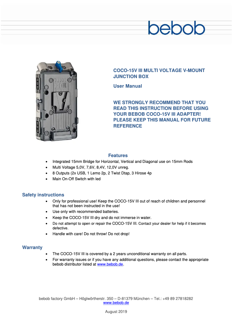 Page n°1 - Manuel utilisateur Bebob COCO-15V III