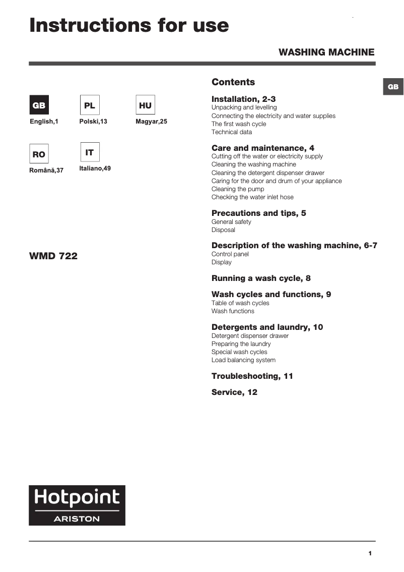Page n°1 - Manuel utilisateur Hotpoint Ariston WMD 722B EU.M