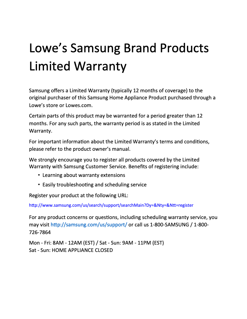 Page 1 de la notice Informations de garantie Samsung RF18A5101WW