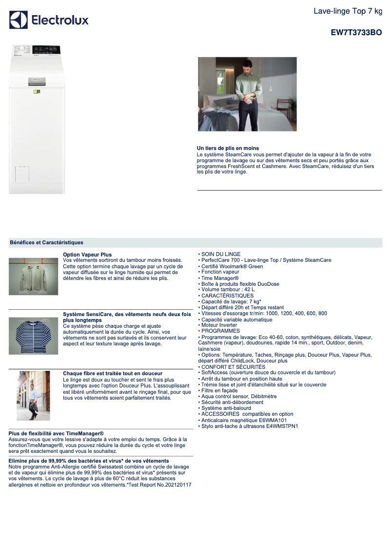 Page 1 de la notice Fiche technique Electrolux EW7T3733BO