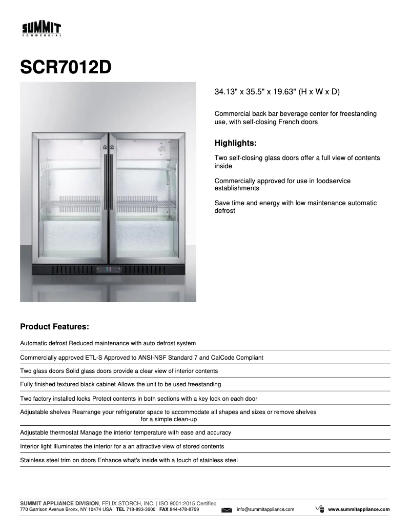 Page 1 de la notice Fiche technique Summit SCR7012D
