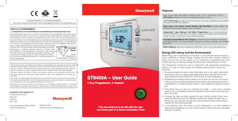 Page n°1 - Manuel utilisateur Honeywell ST9400A