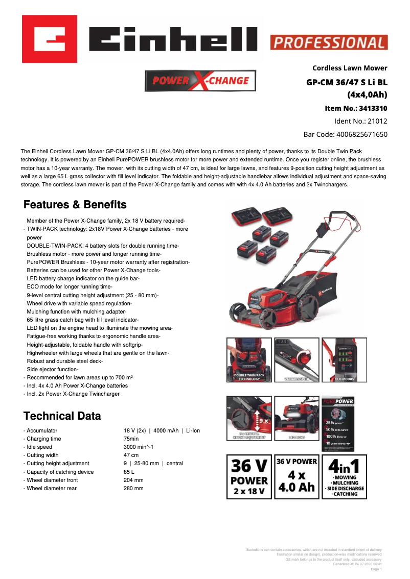 Page 1 de la notice Fiche technique Einhell GP-CM 36/47 S Li BL