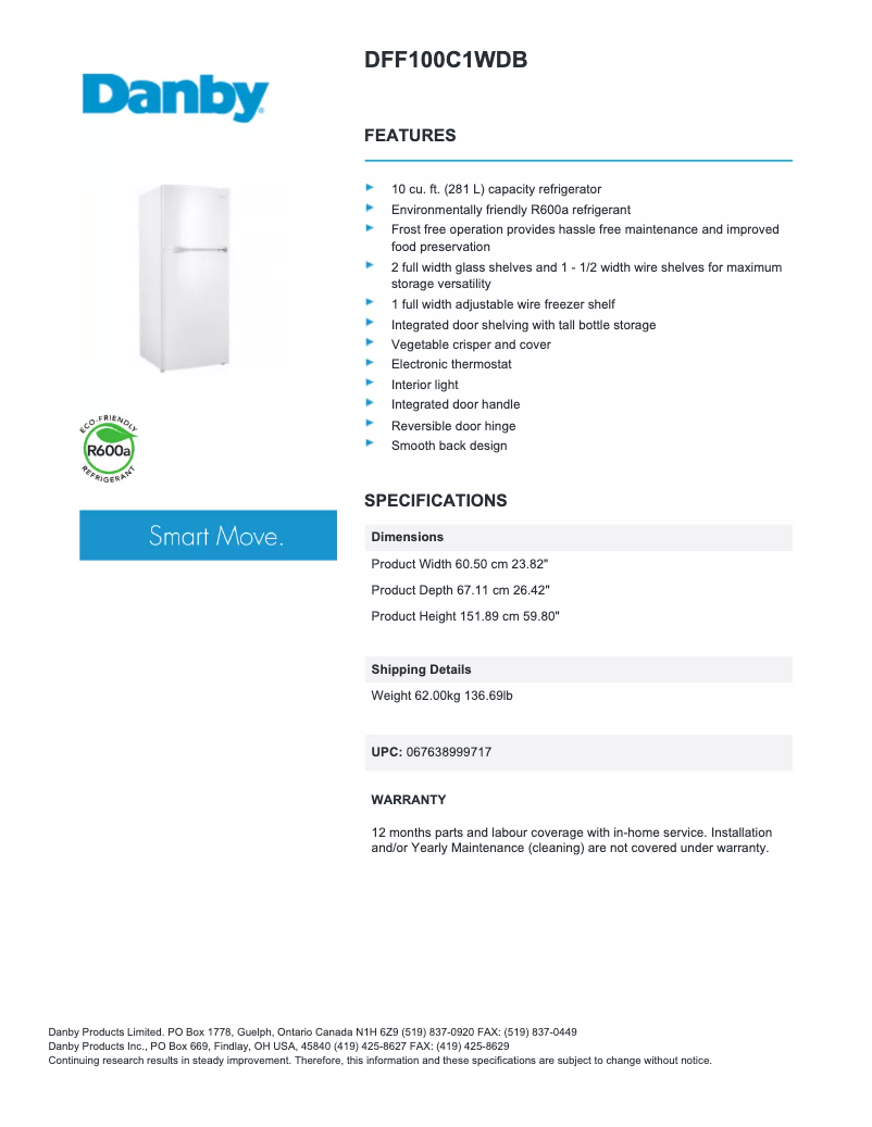 Página 1 del manual Ficha técnica Danby DFF100C1