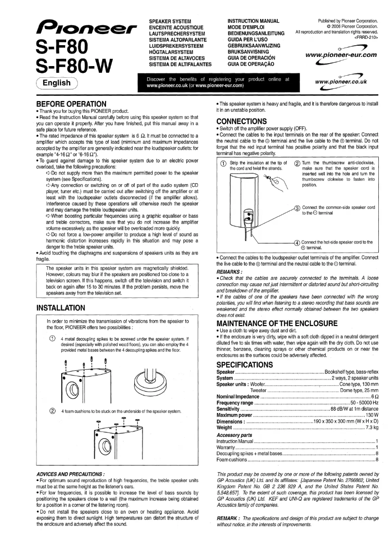Page 1 de la notice Manuel utilisateur Pioneer S-F80