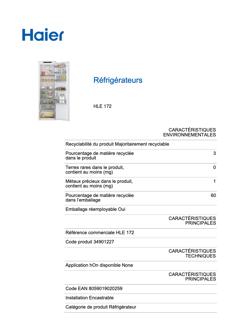 Page n°1 - Label énergétique Haier BI SD 177