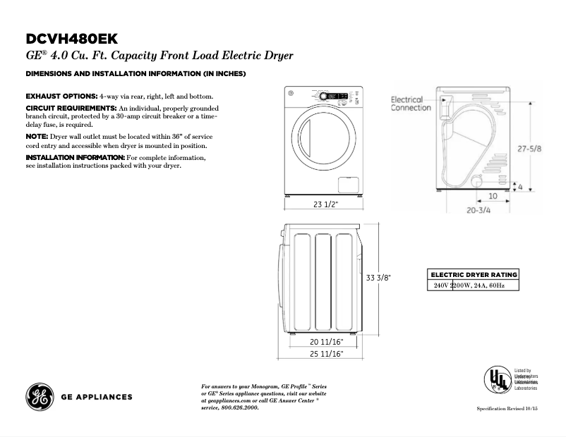 Page 1 de la notice Fiche technique GE DCVH480EKWW