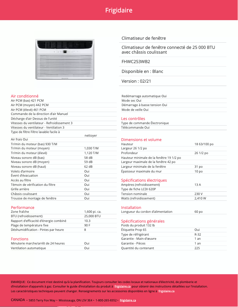 Page 1 de la notice Fiche technique Frigidaire FHWC253WB2