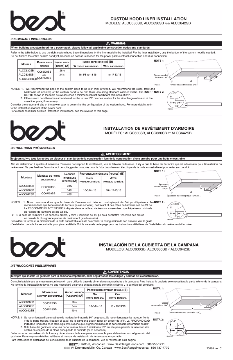 Page 1 de la notice Manuel utilisateur Best ALCC630SB
