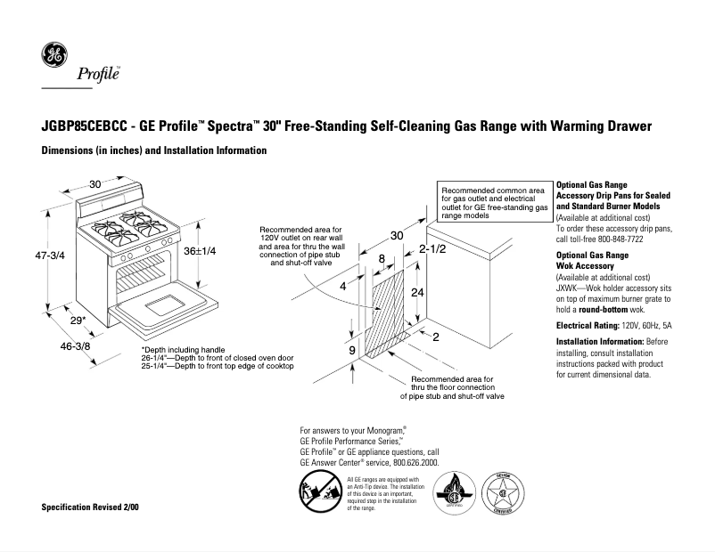 Page n°1 - Fiche technique GE Profile Spectra JGBP85CEBCC