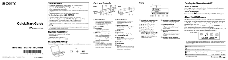 Page 1 de la notice Guide de démarrage rapide Sony NWZ-B133F