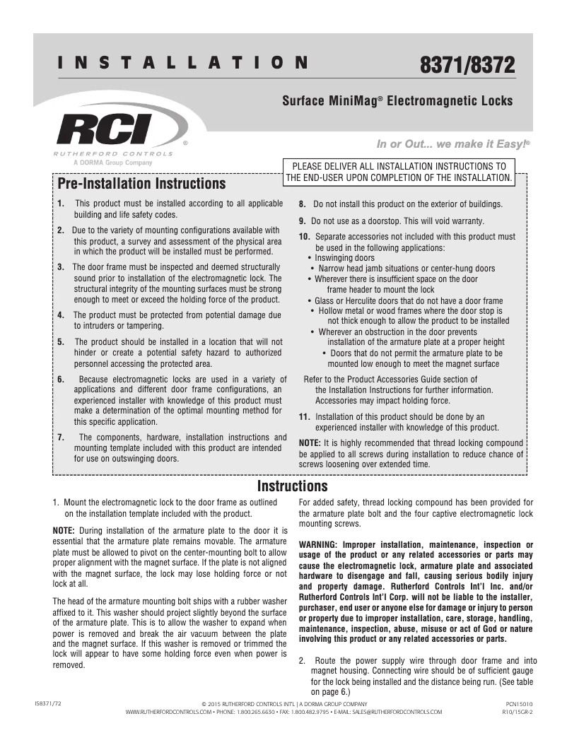 Image de la première page du manuel de l'appareil RCI 8371